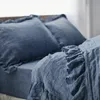 Bettwäsche-Sets Luxus Retro 100% Leinen Set 3 Stück Blau Rüschen Bettbezug und Prinzessin Bett Bogen Kissenbezug Bauernhaus Heimtextilien