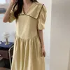 Sommar Casual Retro Loose Contrast Pläterad Stor Lapel Klänning Kvinnor Puff Short Sleeve Maxi Vestido Feminino Doll Japan Stil 210610