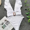 Colysmo Белый купальник для женщин Beachwear ruffles Deep V-образным вырезом ремня без спинки монокини сексуальный бикини 210527