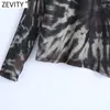 Zevity Frauen Chic Tie Dye Druck Transparent Mesh T Shirt Damen Langarm Tinte Malerei Casual Slim Freizeit Tops LS7392 210603