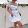 Backless Lace Up Sexy Mini Dress Women Drawstring Puff Short Sleeve Bandage White Black Casual es Vestidos Summer 210517