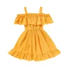 Einfarbig Schulterfrei Mädchen Sommerkleid Chiffon Rüschen Kinder Outfit Schöne Prinzessin Kinderkleidung Q0716