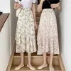 Koreaanse stijl floral paars print ruche geplooid lange rokken zomer vrouwen streetwear trekkoord elastische taille Midi rok 210529