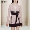 DEAT Suit Woman Notched Full Sleeve Pink Solid Blazer + Drawstring Mini Length Skirt Office Lady Style Autumn AR420 211106