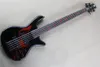 5 Strings Black Body Electric Bass Guitar with Red Block Inlay,Black Hardware,2 Pickups,Can be customized