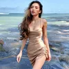 Satin Women Strap Mini Dresses Ruched Lace Up Cross Bandage Backless Bodycon Sexy Party Elegant Slim Wrap Hips Club 210526