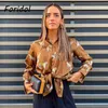 Foridol Animal Print Chiffon Oversized Blouse Tops Women Button Up Brown Tiger Print Ladies Casual Blouse Shirts 210415