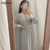 Travail lourd dentelle crochet fleur impression robe femmes taille haute hanche une ligne longues robes tournent vers le bas col manches robe 210422