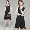 Women Elegant Ruffles Hem Mermaid Patchwork Long Sleeve V Neck Office Lady Shirt Female Autumn Spring Dress Vestidos 210416