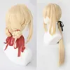 Violet Evergarden Ponytail Braid Buns Blonde Hair Heat Resistant Cosplay Costume Wig Cap Ribbon Y0913290H