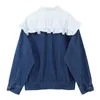 New Ruffle Peter Pan Collar Spliced Denim Coat Streetwear Sweet Zipper Jeans Jackt Vintage Elegant Baggy Casual Blue Female 210417