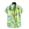 Tropikalne koszule guzikowe dla mężczyzn liść palmowych na hawajskie bluzka bawełniana lniana nadruk krótki rękaw letnie osoby