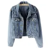 Chaquetas de mujer Perla Rebordear Denim corto Mujer Lavado Manga larga Vintage Casual Jean Chaqueta Abrigo Jeans Tallas grandes 5xl