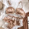 Princwave point satin pleated mesh lingerie underpants set sexy wire free triangle cup hollow bra set plus size underwear X0526