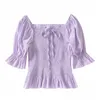 Women's Blouses & Shirts Women Korean Style Crop Top Vintage Shirt White Blouse Ruffle Elegant Square Neck Tie Front Ladies Tops Purple