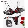 Conjunto Sexy Aduloty Sexy Transparente Flor Vermelha Bordado Cueca Fina Tentação Lingerie Erótica Underwire Sutiã Reunido Tanga Terno L2304