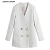 Frauen V-Ausschnitt Woolen Tweed Solid Color Blazer Vintage Elegant Zweireiher Knöpfe Anzug Weißer weiblicher Mantel 210429