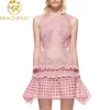 Robes de piste d'été évider femmes sans manches Floral Crochet décontracté robe en dentelle rose Femininas Vestidos 210506