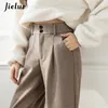 Jielur Wollen Wide Been Broek Black Khaki Winter Koreaanse Stijl Dames Broek Hoge Taille Losse Rechte Dweilen Lange Broek 220311