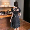 Women Dress Korean Fashion Clothes Vintage Square Collar Lace Up Backless Vestidos Slim Fit Print Mini Dresses 210529