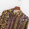 Kvinnor Mode Leoapard Skriv ut Long Satin Dress Bow Tie Collar Sleeve Vintage Animal Printed Es Snygga Sashes 210515