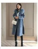 Women's Wool & Blends 2021 Fashion Solid Women Long Woolen Coat Slim Zippers Jacket Pockets Fur Collar Blue Cashmere And