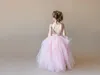 2021 Moda Rose Gold Lantejin Tulle Flor Meninas Vestidos Para Casamento Rufles Uma Linha Jewel Neck V Backless Longa Primeira Comunhão Vestido