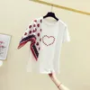 NEEDBO T-shirt Femmes Patchwork Casual O-cou Sexy T-shirt Femmes Écharpe Rouge Lèvres Coton T-shirt Femme Grande Taille Blanc T-shirts Tops 210330