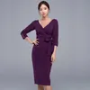 Lila klänning damer korea ol temperament v-neck långärmad med kvinnliga kontor midi klänningar för kvinnor kläder 210602