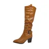 西部のブーツ女性の靴プリーツハイヒールの膝 - ハイ尖ったつま先の厚いかかとバックルレディーロングブーツ冬のサイズ210517