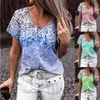 Sexig V Neck Gradient Tryckt T-shirts Kvinnor Sommar Kortärmad Tees Loose Plus Storlek Mode Toppar Digital Print Tshirt 210522