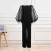 Black Jumpsuits for Women Elegant Long Lantern Transparent Sleeves Sexy Fit Wide Leg Party Club Outfits Plus Size 210527