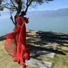 YOSIMI Floor-Length Long Women Dress Red Chiffon Summer V-neck Sleeve Fit and Flare Backless Party Night Dresses 210604