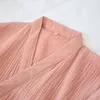 Japonês quimono pijamas v-pescoço de manga comprida pijama 2 peça conjunto outono camada dupla gaze sleepwear 100% algodão sono tops 210831