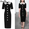 Designer di sfilate Peter Pearl Button Split Bodycon Dress Autunno Inverno Vintage manica corta in pizzo con risvolto Midi Party 210421