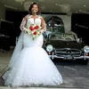 Magnifique robe de mariée sirène sud-africaine, plus la taille 2021 illusion à manches longues jardin ourdoor robes de mariée dentelle perlée à la main fleurs Boemian robe de mariée