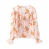 Women's Blouses Floral Print Ruffles Chiffon Blouse Casual Spring Summer Deep V Neck Long Sleeve Top Feminina Blusas 210508