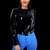 女性ラテックスパテントレザー O ネックトップス長袖シャツプルオーバー PVC ジャケットプラスサイズ黒赤 Pu レザーショートコートカスタム 211011