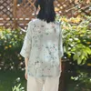 Camicetta estiva da donna in stile cinese Catkin Print Plate Buttons Tre quarti Plus Size Camicia allentata in ramiè KimonoP044 Camicette da donna Shi Shir