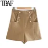 TRAF Женщины шикарные моды с кнопками карманы Бермудские шорты старинные высокие талии бокового молнии женский короткий ROPA Mujer 210415