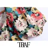 Traf Women Chic Fashion z Buttons Floral Print Mini sukienka Vintage V Szyjka Kobiece Sukienki Vestidos Mujer 210415