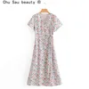 Chu Sau beauty Casual Chic V-neck Foral Print Wrap Midi Dress Women Summer Fashion Short Sleeve Dresses Vestido De Mujer 210508