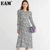 [Eam] Mulheres Preto Cópia Floral Shirring Vestido Redondo Pescoço Longo Buff Manga Loose Fit Moda Primavera Outono 1d7837 21512