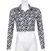 Black Floral Long Sleeve Button Cardigan Women's Shirt Spring Fashion Plaid Blouses Vintage Turn Down Collar Slim Crop Tops 210415