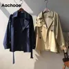 Aachoae Womens Windbreakers Fashion Tinta unita Monopetto Trench Manica lunga Tasche casual Outwear Fusciacche Cappotto 210413