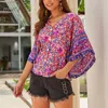 Boheemse losse bloemen vrouwen blouse sexy v-hals batwing mouw knop boho dame blouses w280 210526