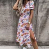 2021 primavera stampa floreale sottile camicia lunga abito da donna scollo a V pulsante spacco vestito da partito autunno manica lunga elastico in vita maxi vestito X0521