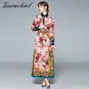 Luxus Rose Floral Hoiday Maxi Frauen Elegante Hemdkragen Volle Hülse Blumendruck Lose Split Langes Kleid mit Gürtel 210416