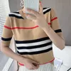 Gebreide gestreepte T-shirt met korte mouwen vrouwen losse wilde ronde hals katoen en linnen halve mouwen wollen trui Top 210720