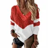 Höst V Neck Patchwork Stickad tröja Kvinnor Casual Långärmad Office Lady Top Pullover Vinter Loose Streetwear Tröjor 210917